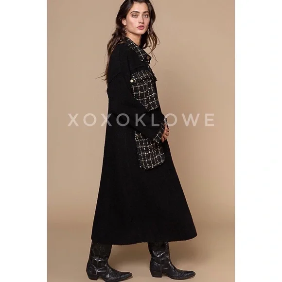 POL Black Sherpa Tweed Long Jacket | Relaxed Fit Faux Fur Sparkly Maxi Coat - Picture 9 of 11